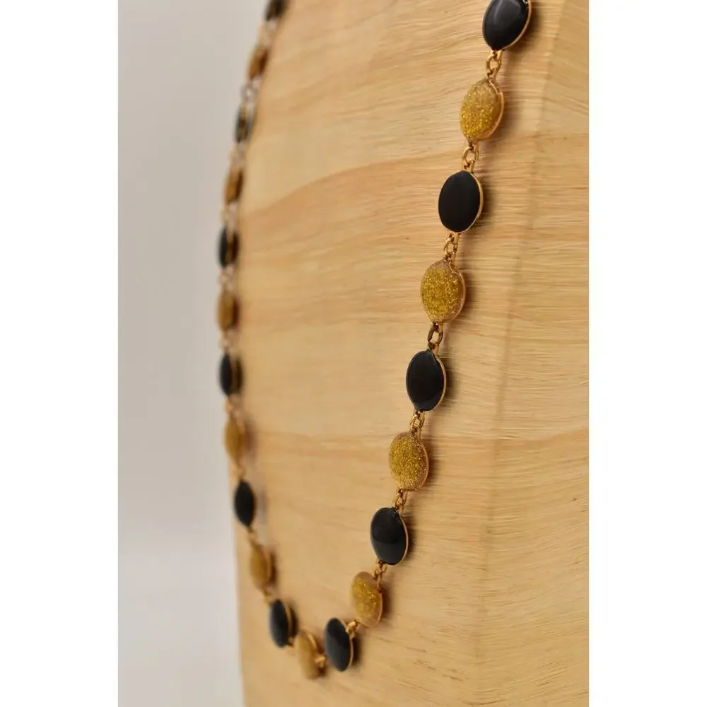 Vintage Black Gold Necklace Enamel Chain Gold Round Dot Circle Linked BinBD